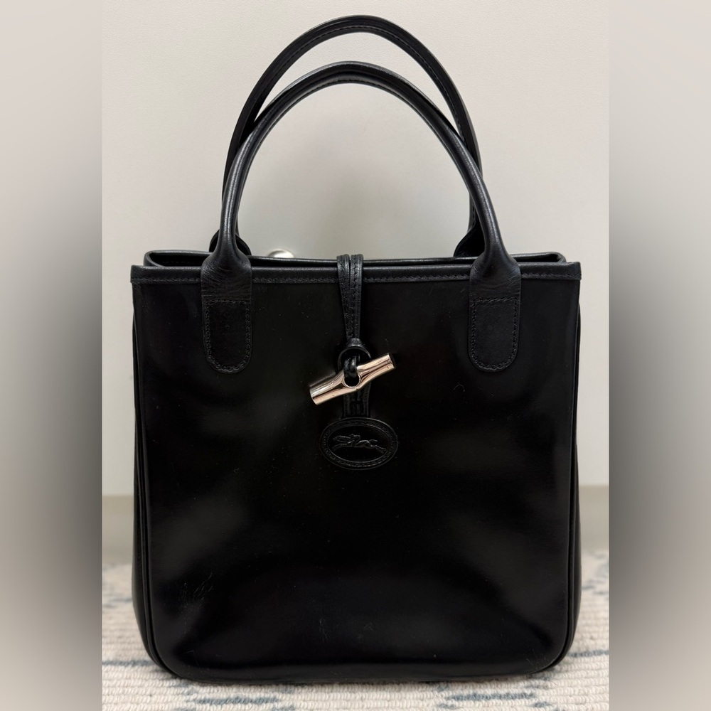 LONGCHAMP Vintage Y2K Mini Roseau Black Leather Tote Bag W/ Bamboo Toggle Silver